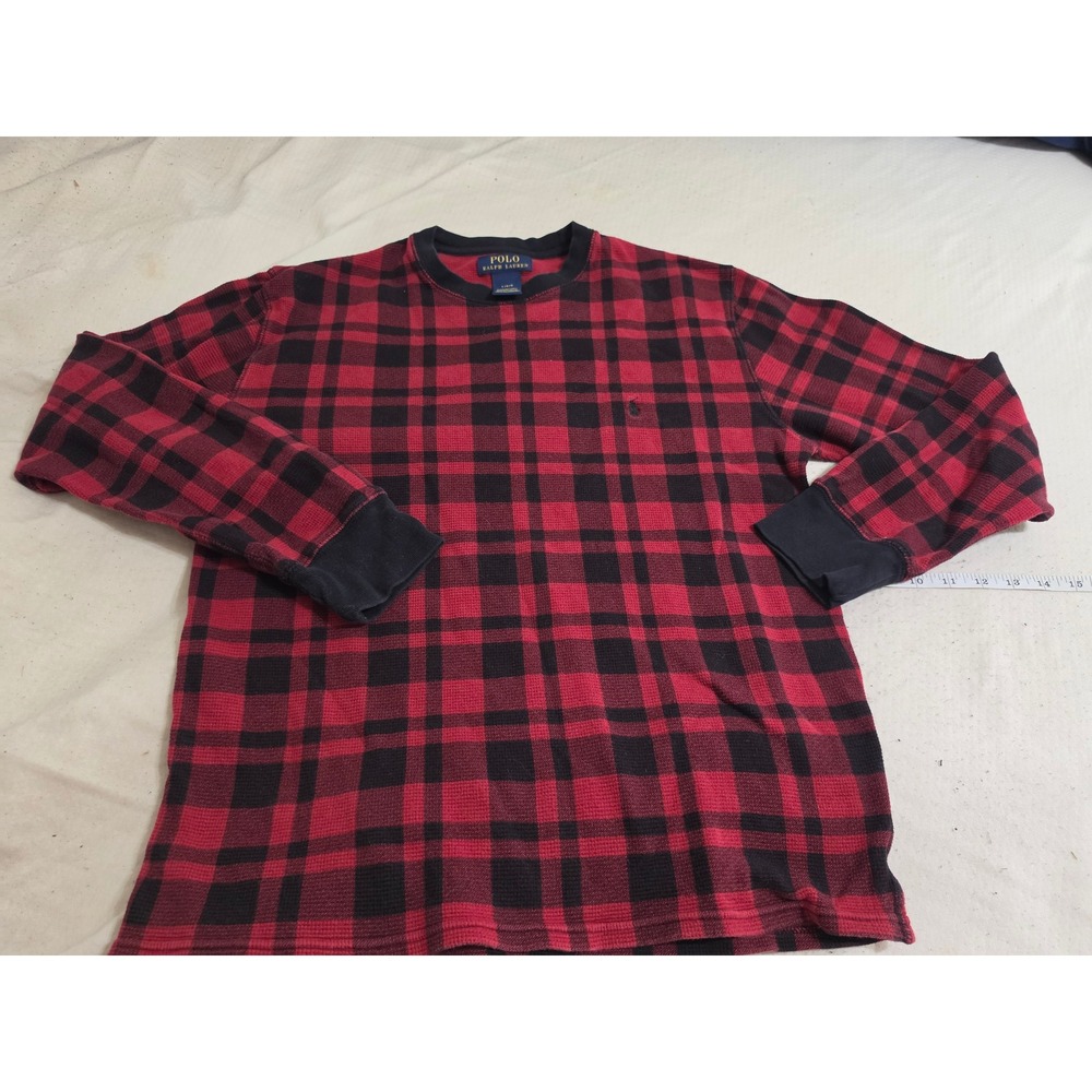 Polo Ralph‎ Lauren Mens Thermal Shirt Red Black Buffalo Plaid Cotton Waffle L